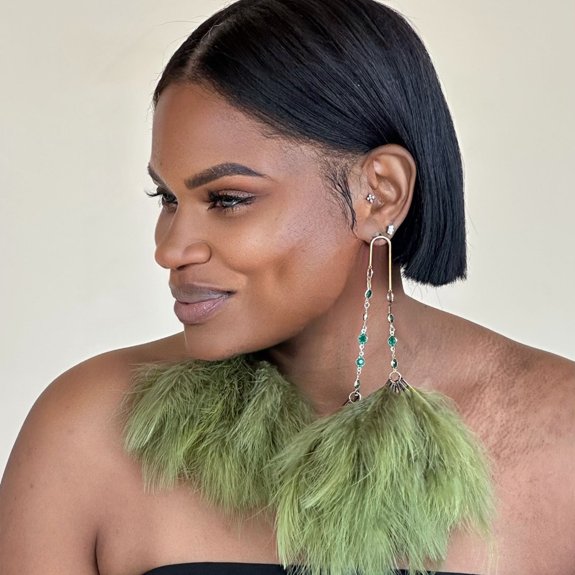 ELEGANCE CAMO - Green Feather Earrings