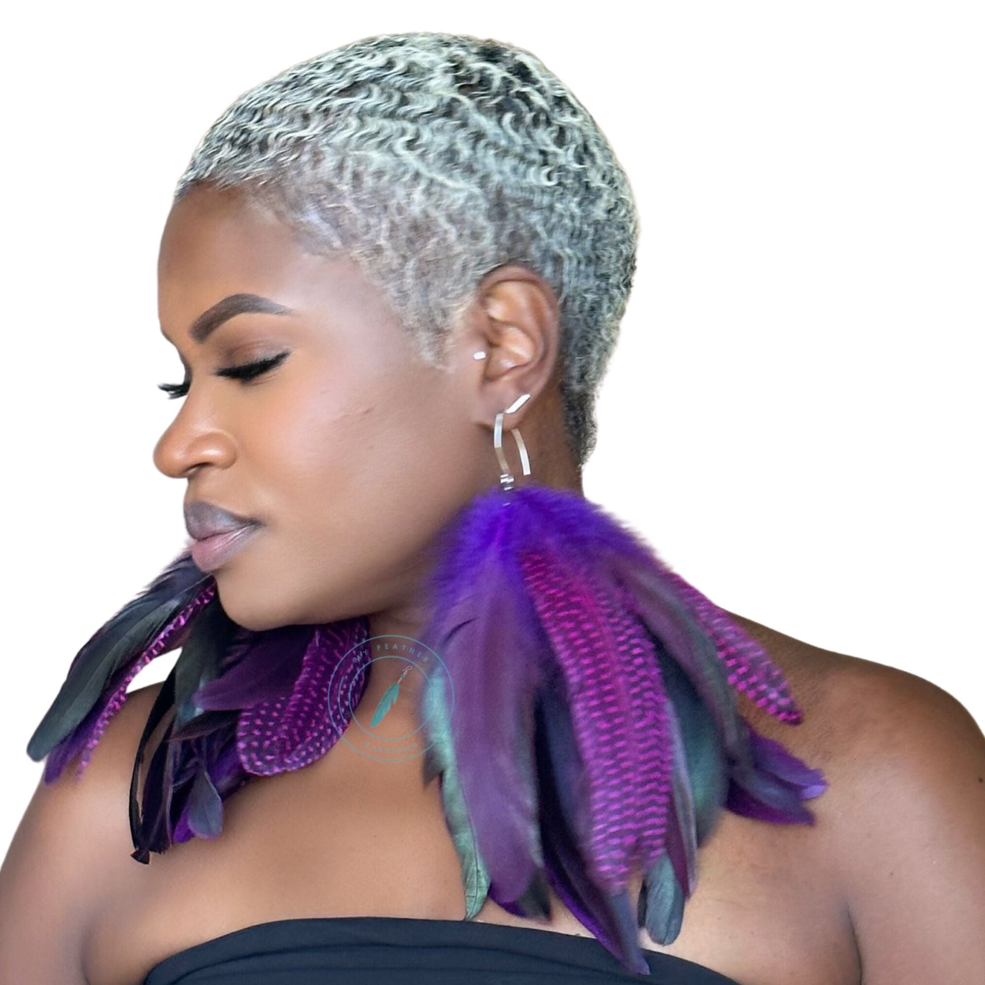 Purple Schlappen and Rose Guinea Short Tassel Feather Earrings