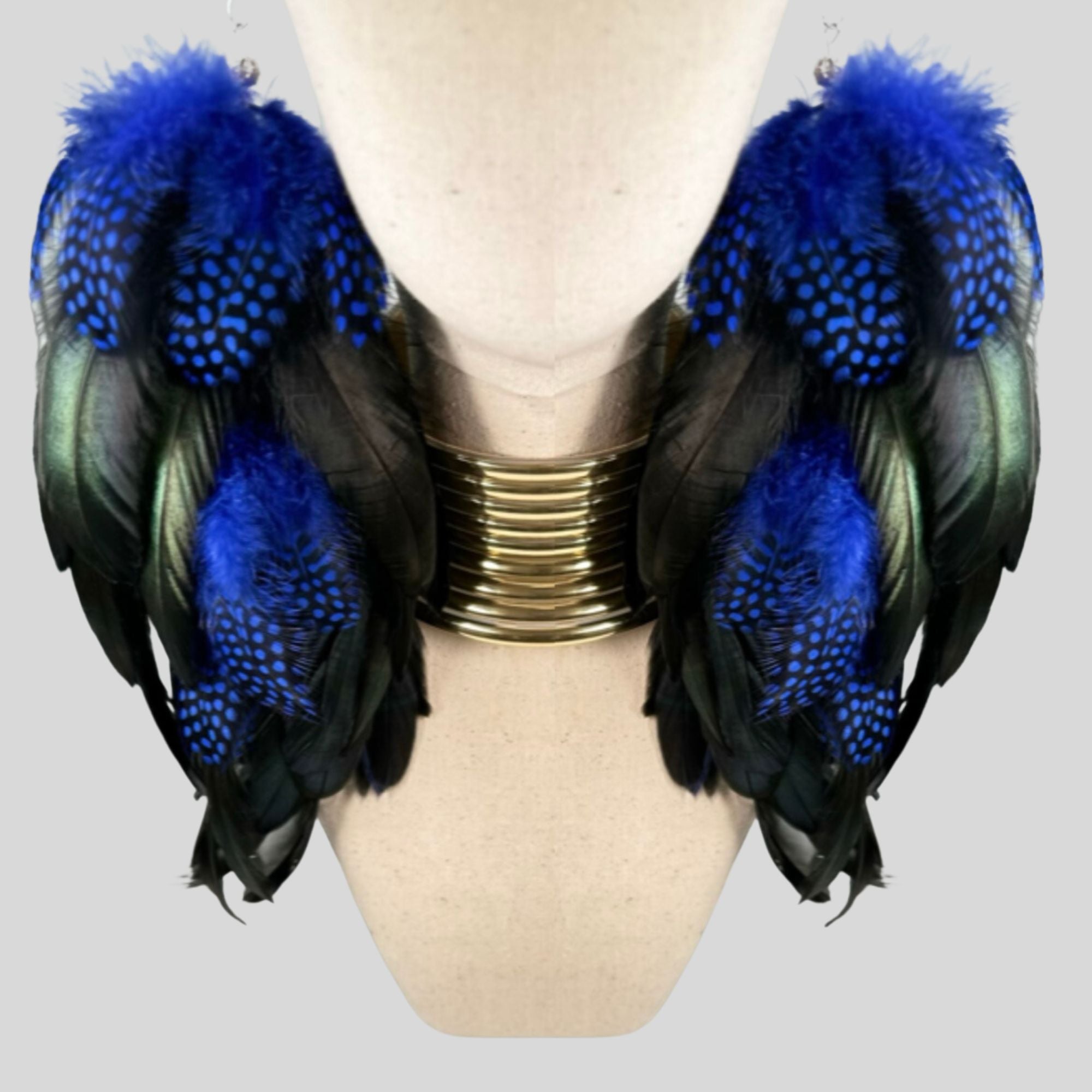 Blue Schlappen and Blue Dotted Guinea Long Dangle Feather Earrings