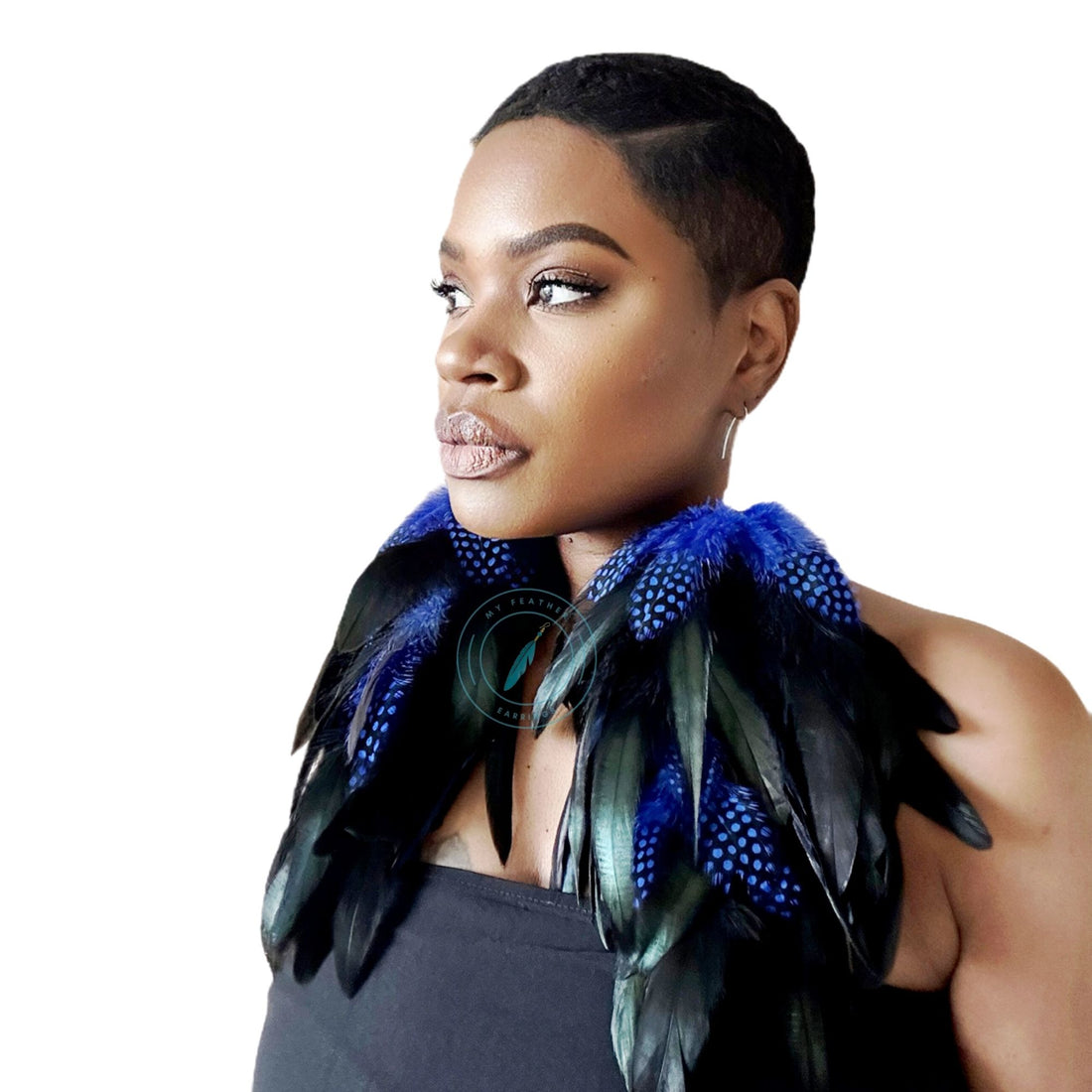 Blue Schlappen and Blue Dotted Guinea Long Dangle Feather Earrings