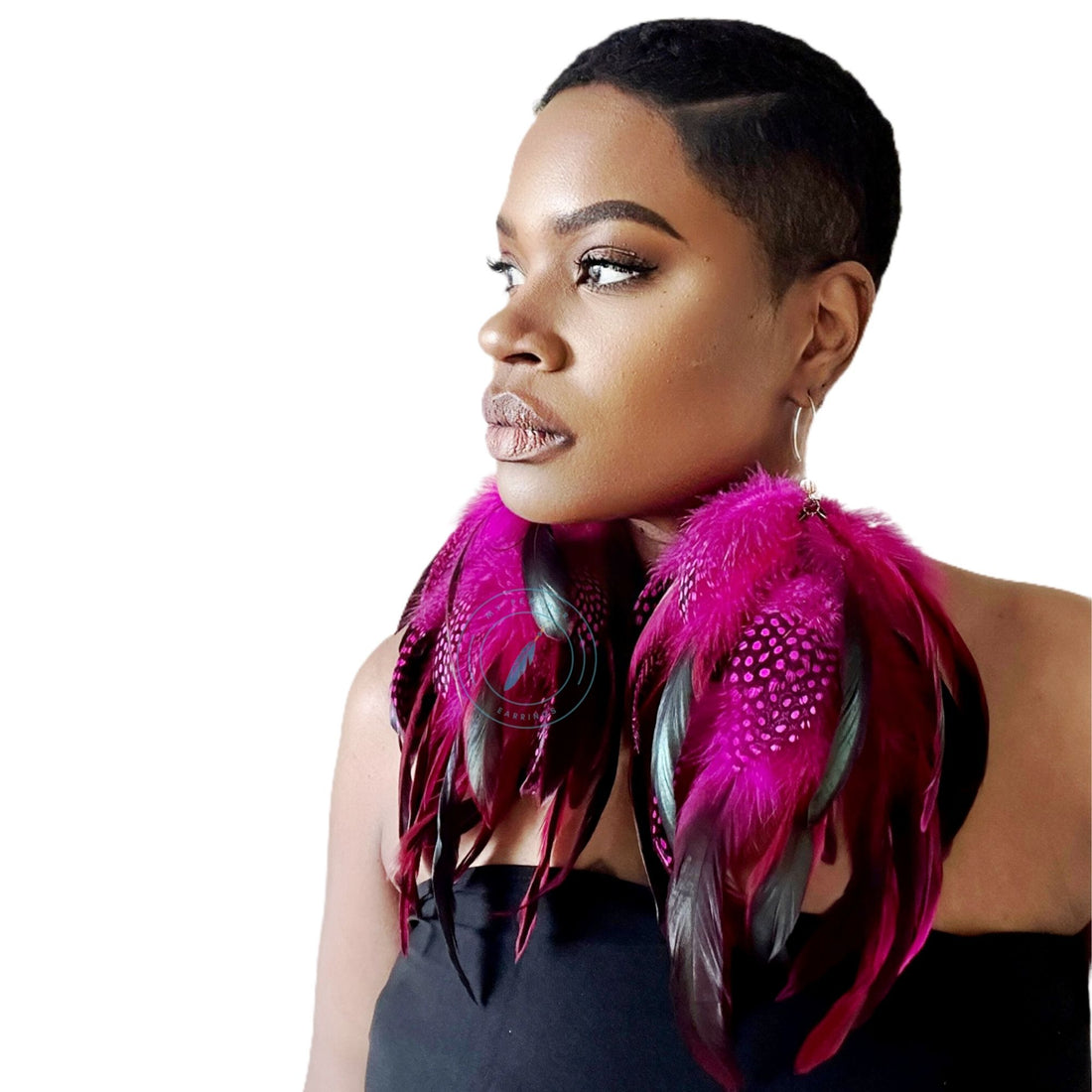 Rose Red Schlappen and Rose Red Dotted Guinea Long Dangle Feather Earrings