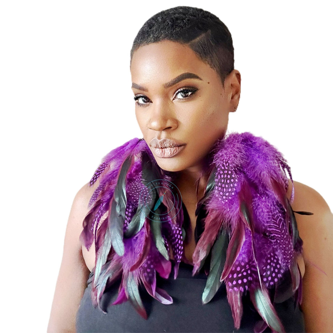 Purple Schlappen and Purple Dotted Guinea Long Dangle Feather Earrings