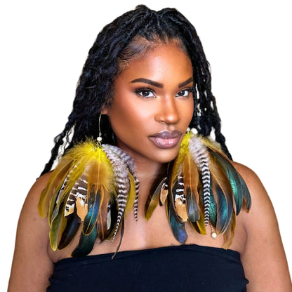 SWAY YELLOW - Yellow Schlappen and Venery Wings Short Tassel Feather Earrings