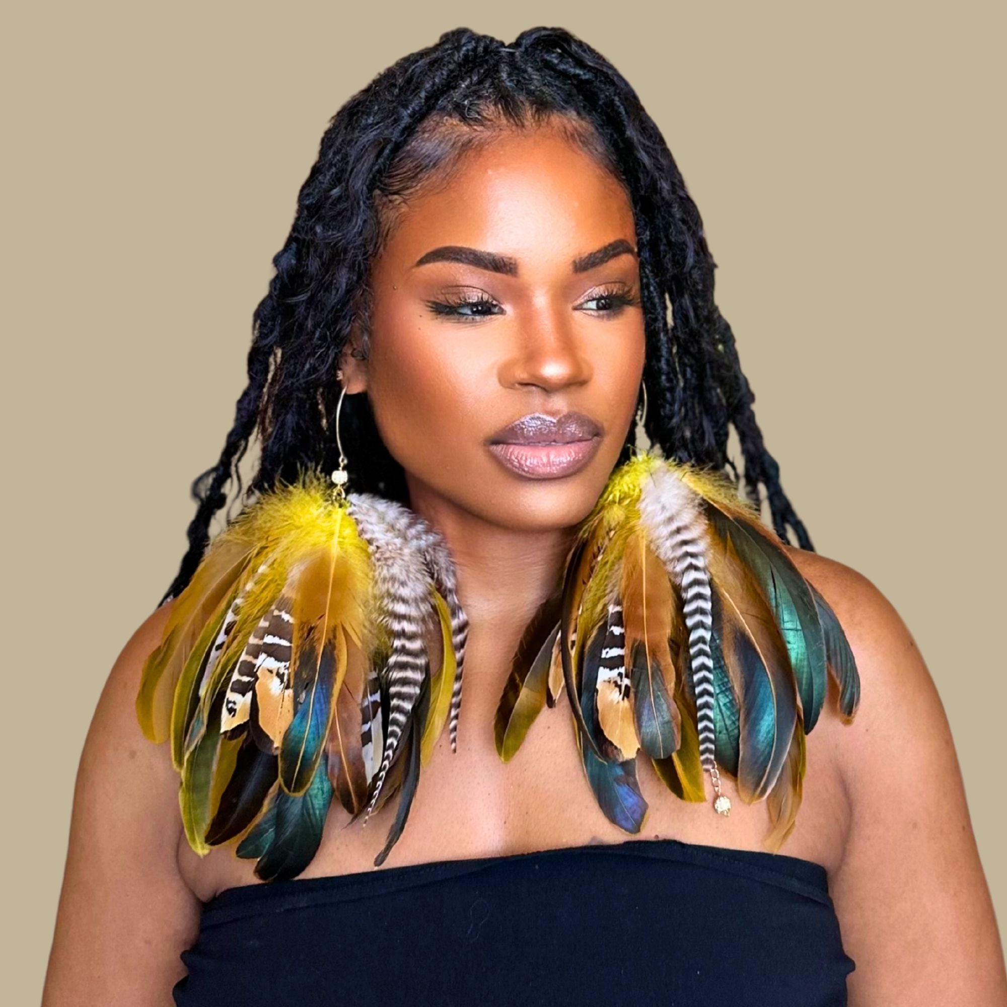 SWAY YELLOW - Yellow Schlappen and Venery Wings Short Tassel Feather Earrings