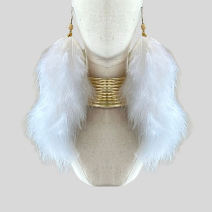 White Plumes Fluffy Marabou Down Long Dangle Feather Earrings