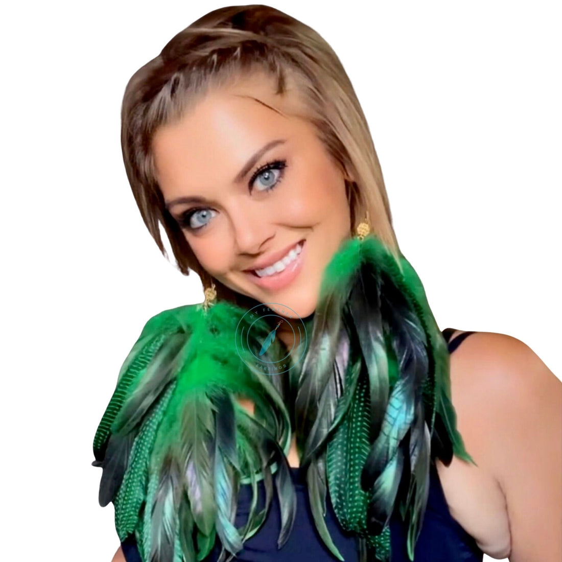 Green Schlappen and Blueish Green Guinea Long Dangle Earrings