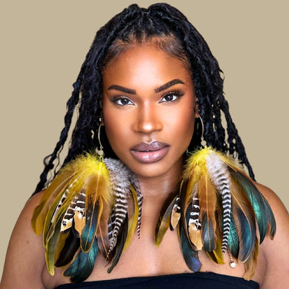 SWAY YELLOW - Yellow Schlappen and Venery Wings Short Tassel Feather Earrings