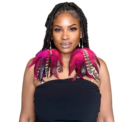 Fuchsia Schlappen and Venery Wings Short Tassel Feather Earrings