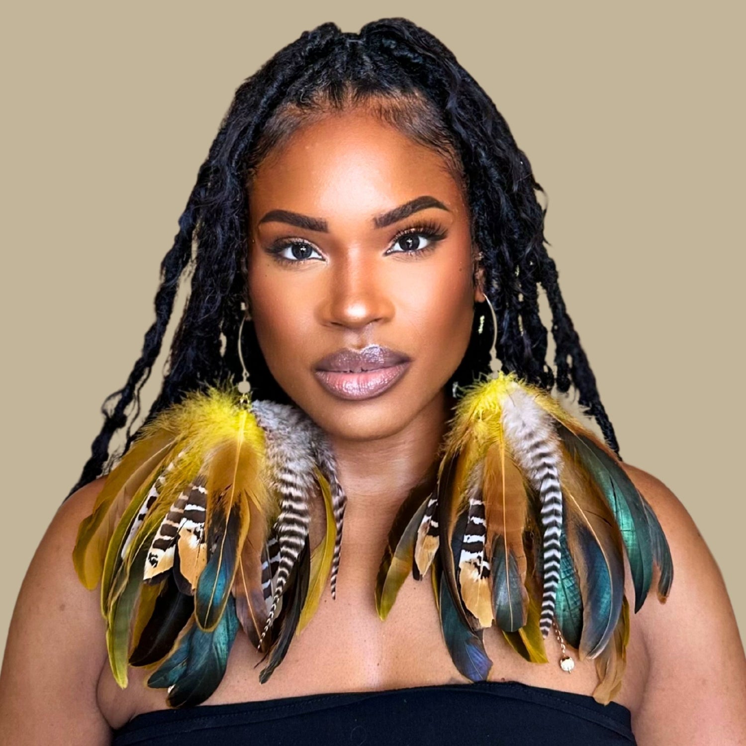 SWAY YELLOW - Yellow Schlappen and Venery Wings Short Tassel Feather Earrings
