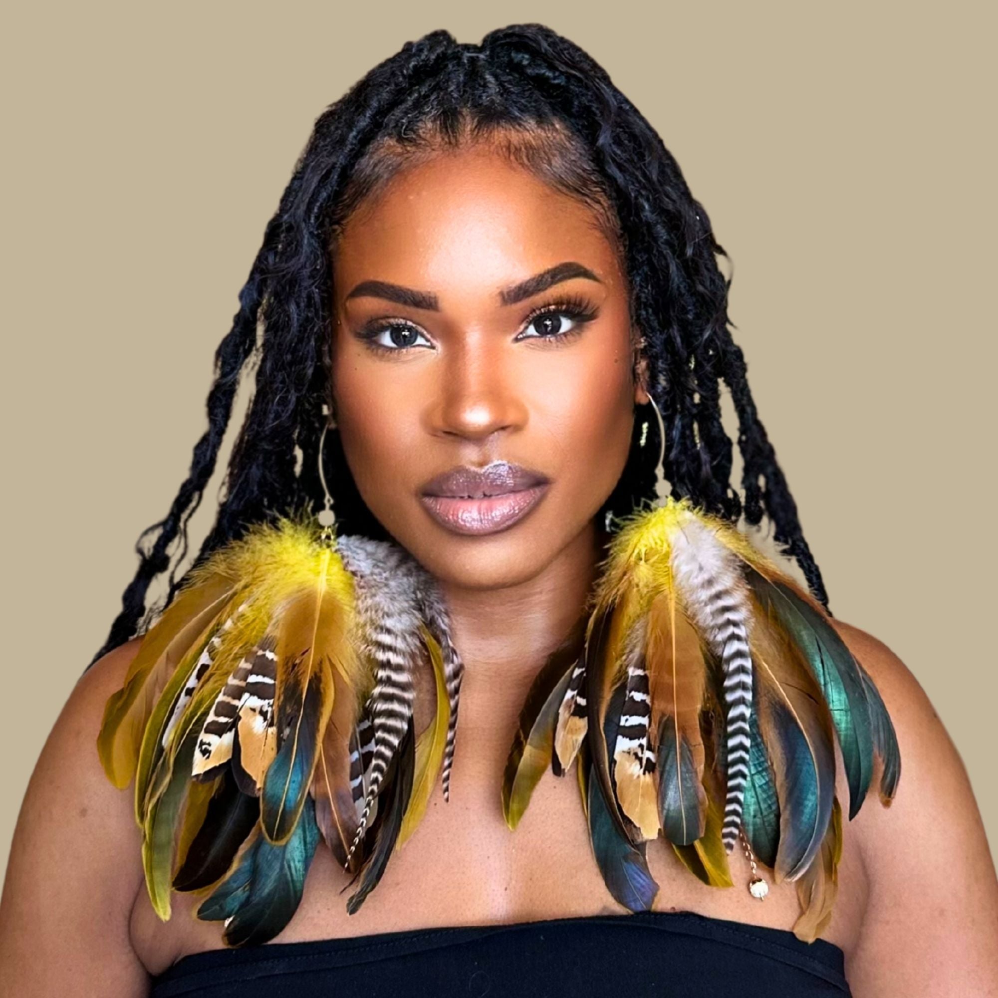 SWAY YELLOW - Yellow Schlappen and Venery Wings Short Tassel Feather Earrings