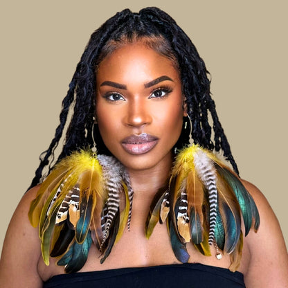 SWAY YELLOW - Yellow Schlappen and Venery Wings Short Tassel Feather Earrings