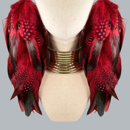 Red Schlappen and Red Dotted Guinea Long Dangle Feather Earrings