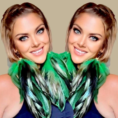 CHIC GREEN - Green Schlappen and Blueish Green Guinea Long Dangle Earrings