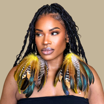 SWAY YELLOW - Yellow Schlappen and Venery Wings Short Tassel Feather Earrings