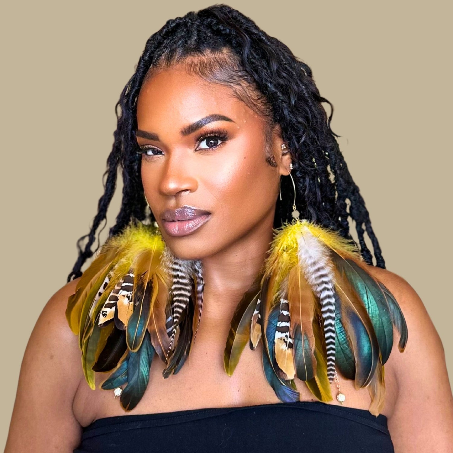SWAY YELLOW - Yellow Schlappen and Venery Wings Short Tassel Feather Earrings