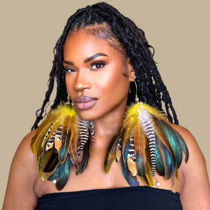 SWAY YELLOW - Yellow Schlappen and Venery Wings Short Tassel Feather Earrings