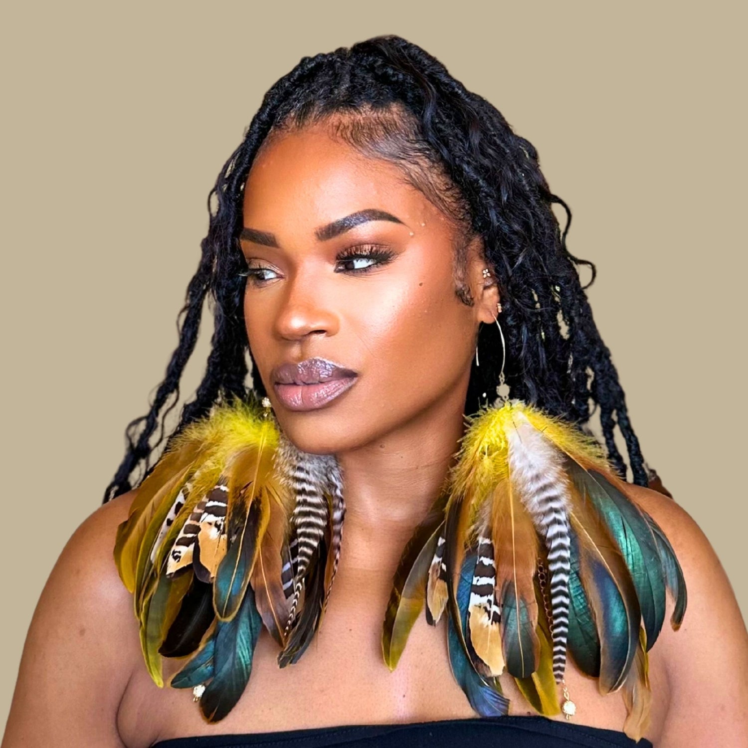 SWAY YELLOW - Yellow Schlappen and Venery Wings Short Tassel Feather Earrings