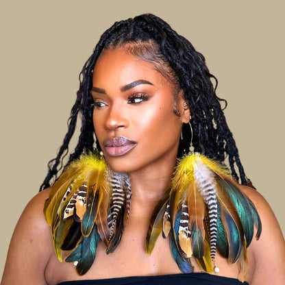 SWAY YELLOW - Yellow Schlappen and Venery Wings Short Tassel Feather Earrings