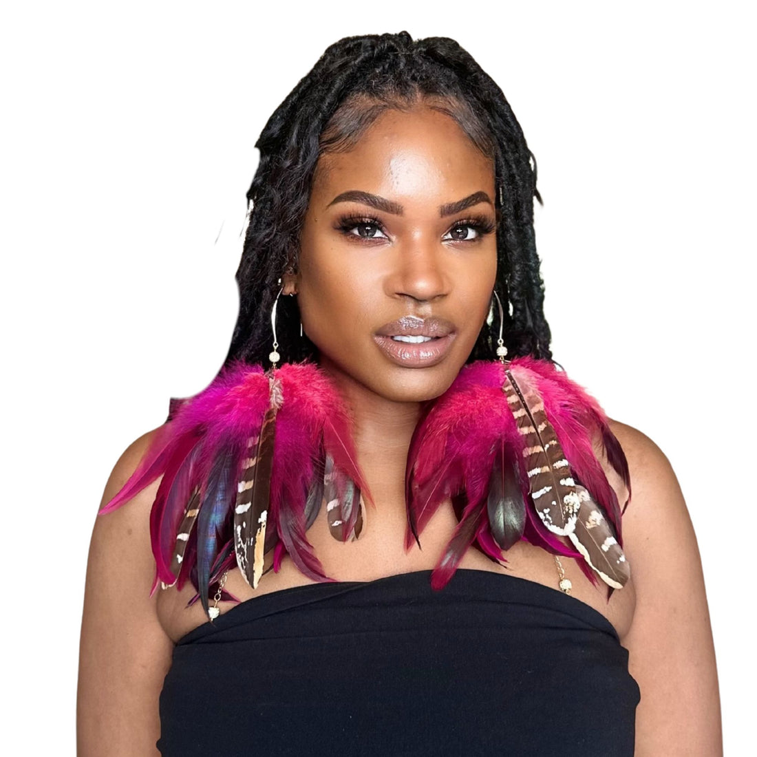 Fuchsia Schlappen and Venery Wings Short Tassel Feather Earrings