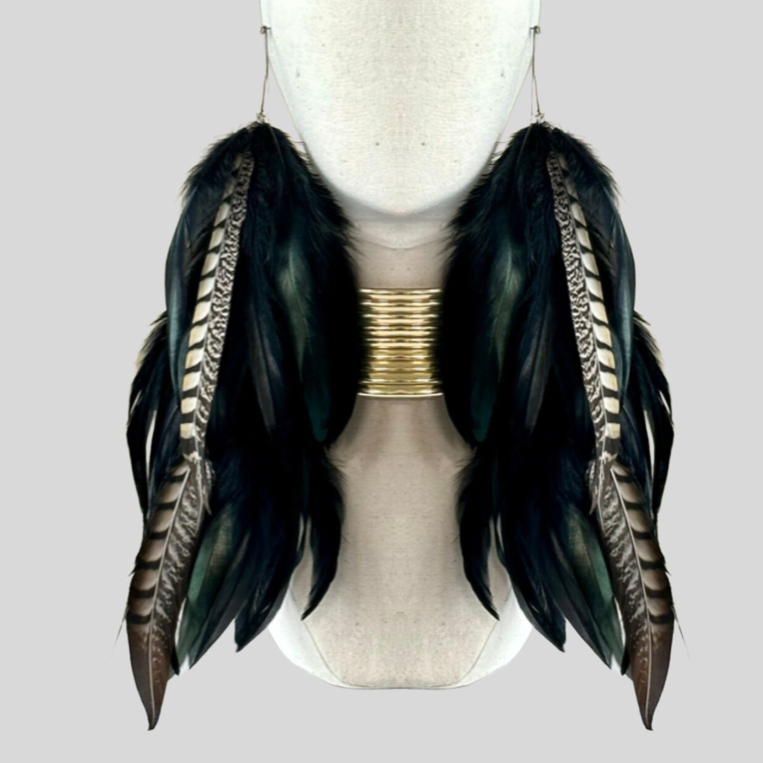 Black Schlappen and Lady Amherst Long Dangle Feather Earrings