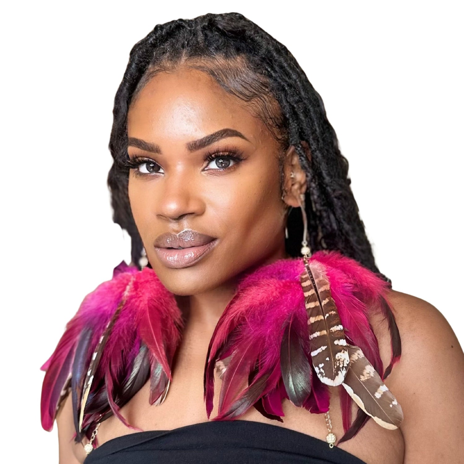 Fuchsia Schlappen and Venery Wings Short Tassel Feather Earrings