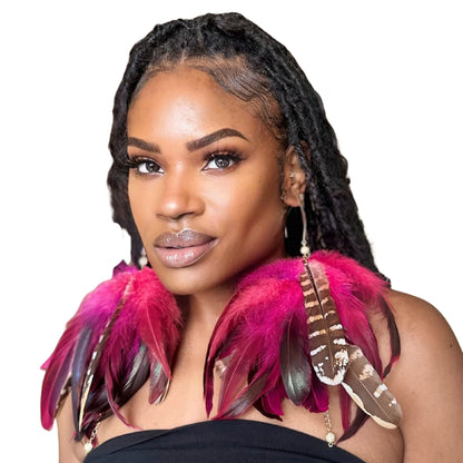 Fuchsia Schlappen and Venery Wings Short Tassel Feather Earrings
