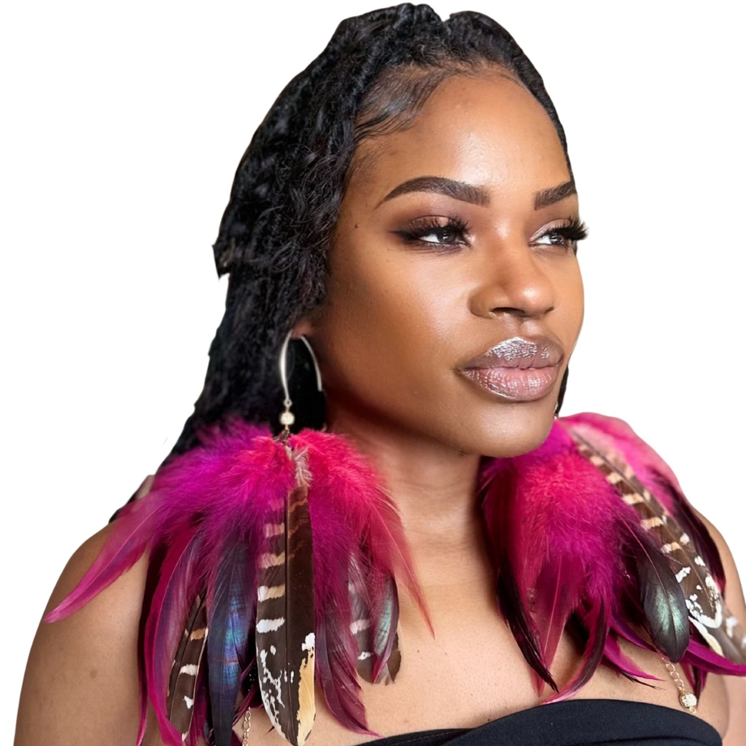 Fuchsia Schlappen and Venery Wings Short Tassel Feather Earrings