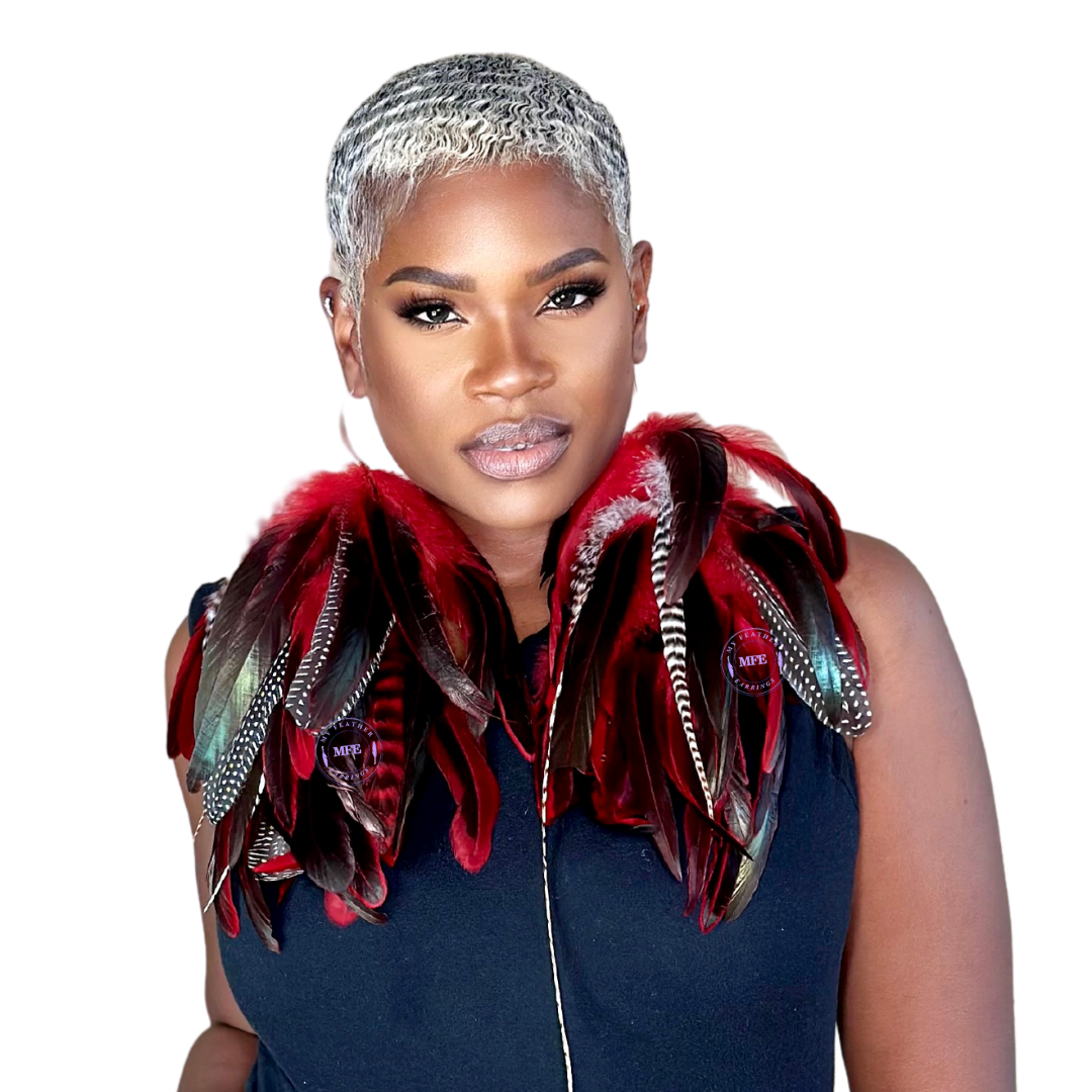 Red Schlappen and Guinea Long Dangle Feather Earrings