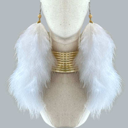 White Plumes Fluffy Marabou Down Long Dangle Feather Earrings