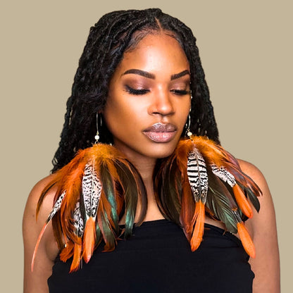 LIGHTNESS ORANGE - Orange Amherst Feather Tassel Earrings - Natural Rare Statement Jewelry