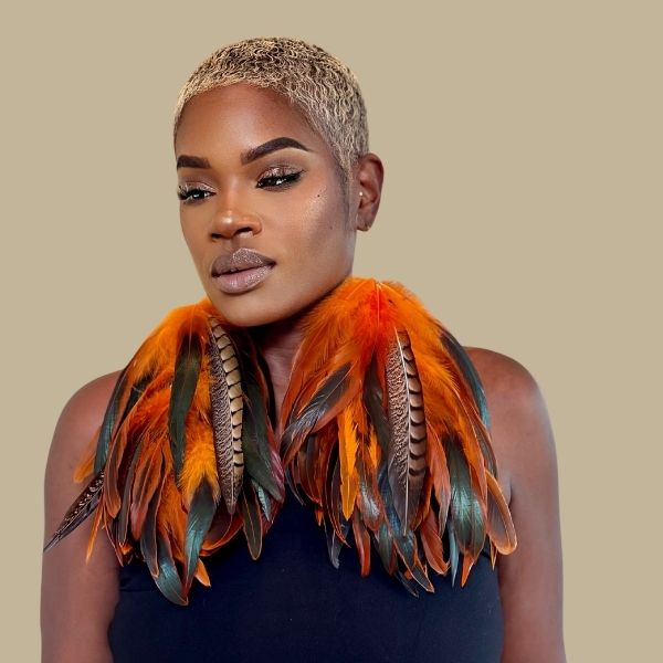 FLOAT ORANGE - Orange Schlappen and Lady Amherst Long Dangle Feather Earrings