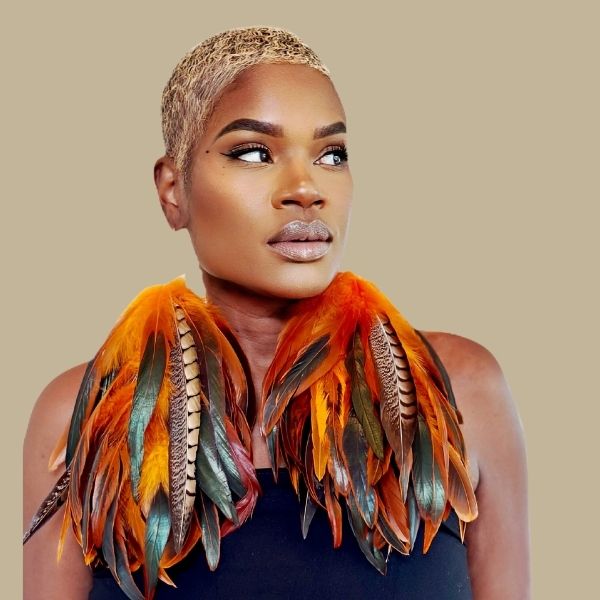 FLOAT ORANGE - Orange Schlappen and Lady Amherst Long Dangle Feather Earrings