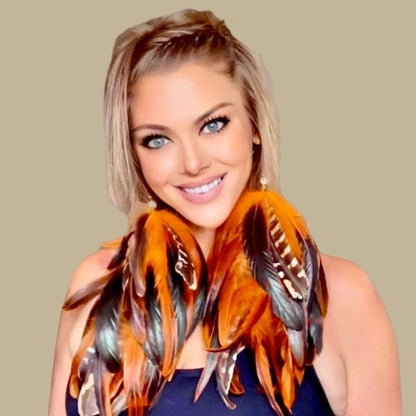 HALO ORANGE - Orange Schlappen and Venery Long Dangle Feather Earrings