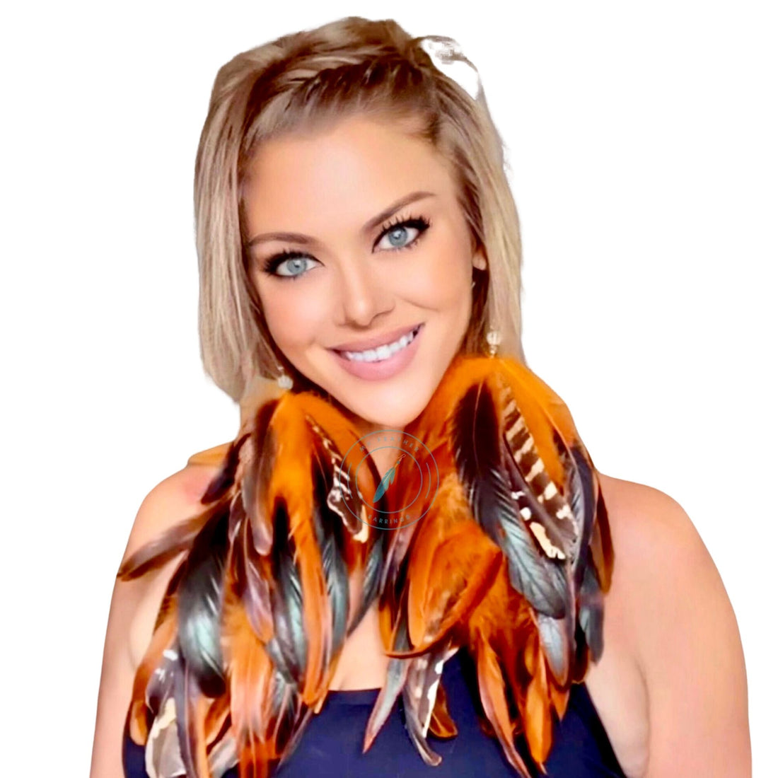 Orange Schlappen and Venery Long Dangle Feather Earrings