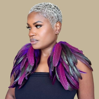 CHIC PURPLE - Purple Schlappen and Rose Guinea Long Dangle Feather Earrings