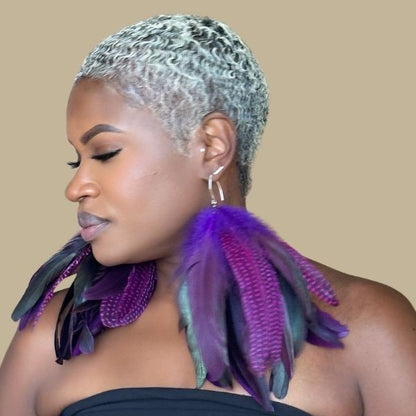 GLIDE PURPLE - Purple Schlappen and Rose Guinea Short Tassel Feather Earrings