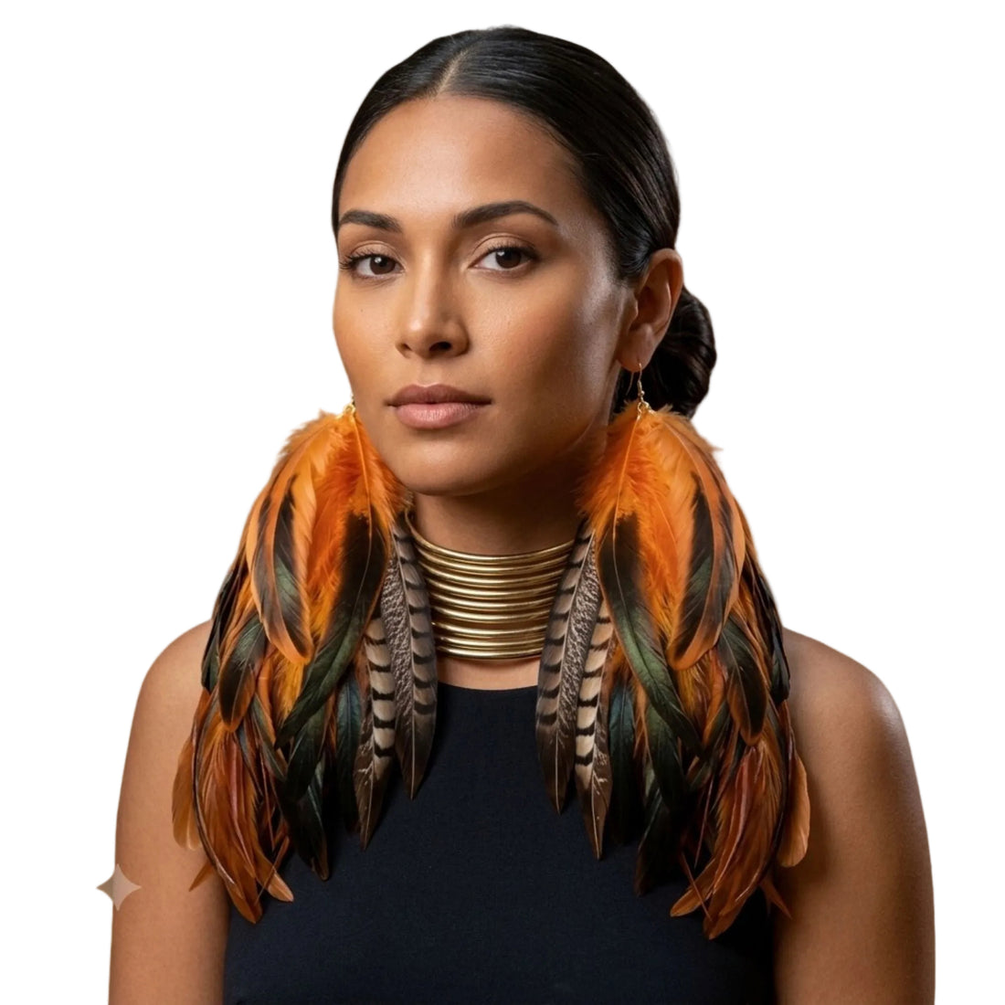 FLOAT ORANGE - Orange Schlappen and Lady Amherst Long Dangle Feather Earrings